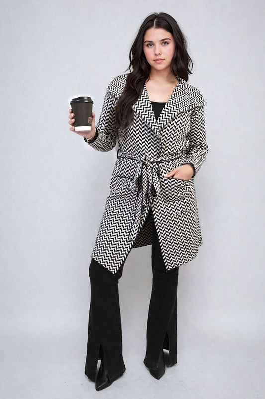 Women's Check Print Full Sleeve Notched Lapel Collar Neck Belted Coat