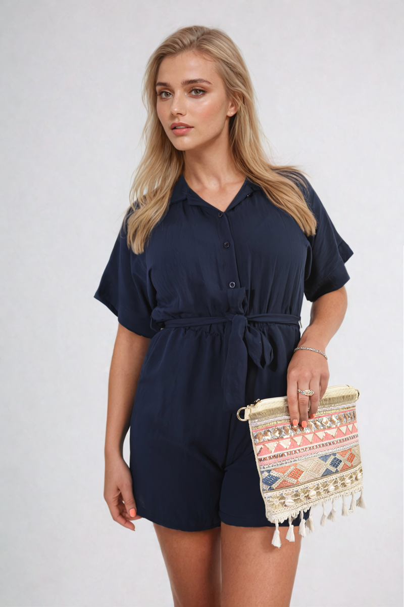 Women's Buttoned Tie Waist Romper