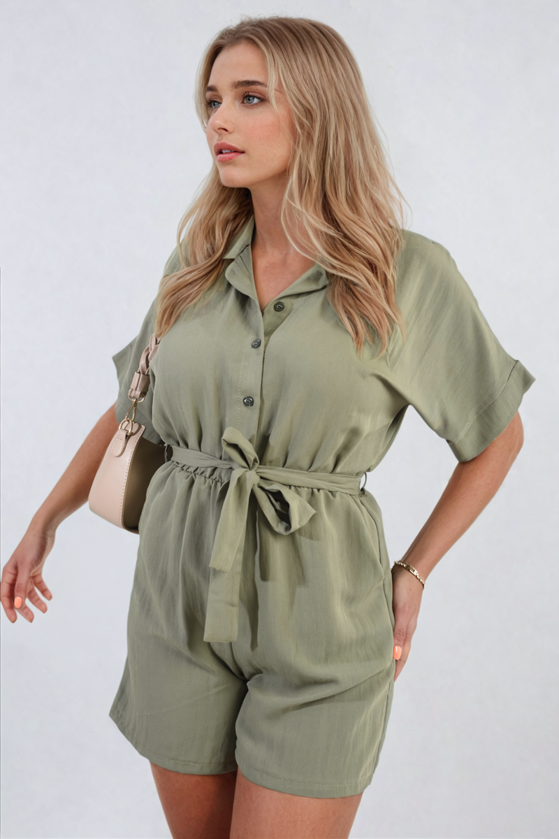 Women's Buttoned Tie Waist Romper