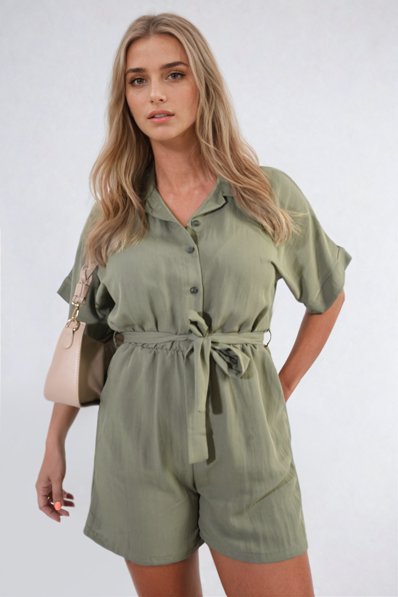 Women's Buttoned Tie Waist Romper