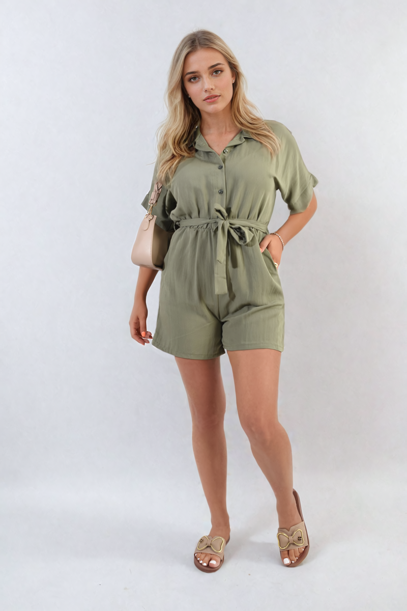 Women's Buttoned Tie Waist Romper