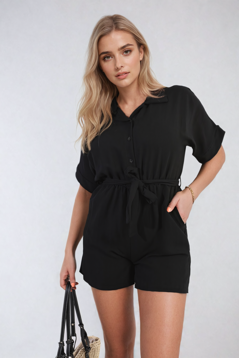 Women's Buttoned Tie Waist Romper