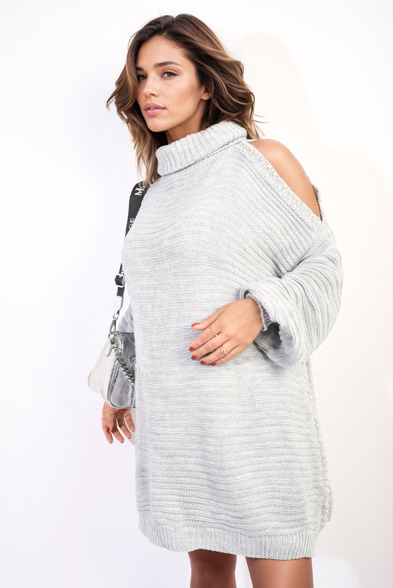 Women's High Neck Oversized Open Shoulder Long Sleeve Knitted Jumper