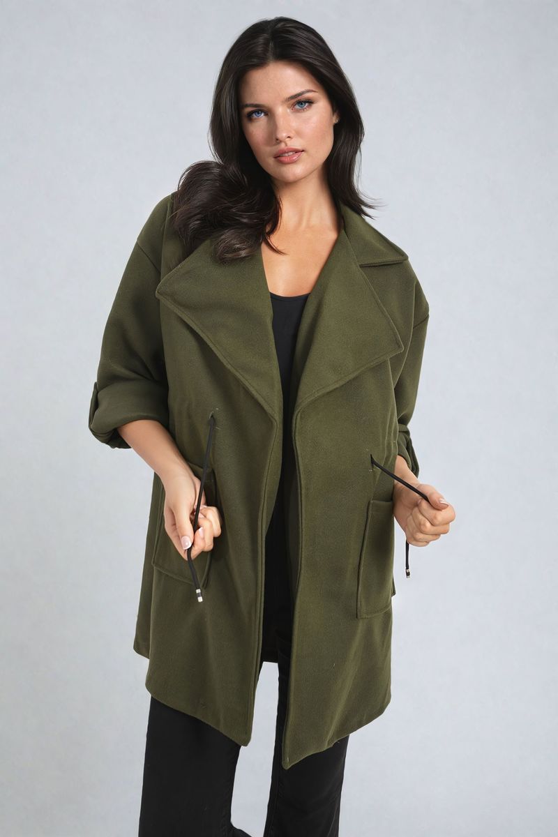 Women's Roll Tab Sleeve Drawstring Waist Open Front Trench Coat Jacket