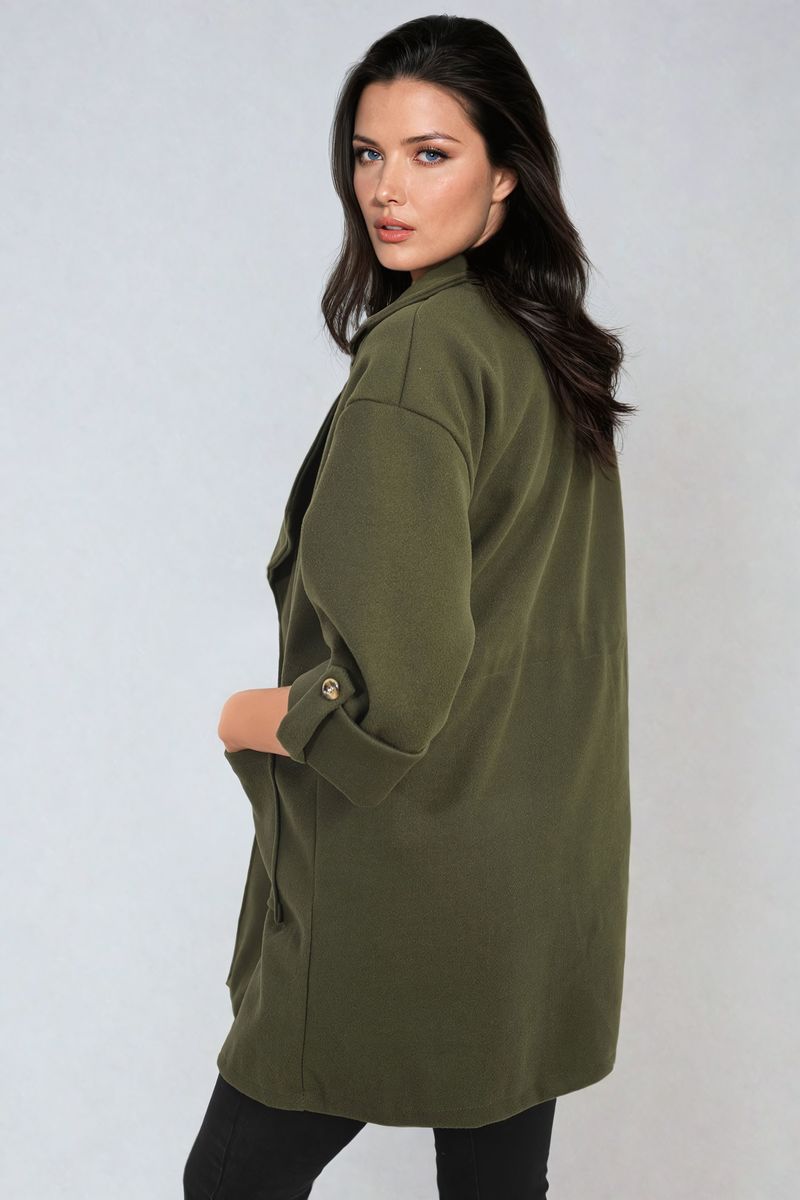 Women's Roll Tab Sleeve Drawstring Waist Open Front Trench Coat Jacket