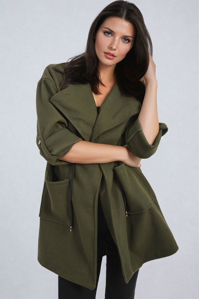 Women's Roll Tab Sleeve Drawstring Waist Open Front Trench Coat Jacket