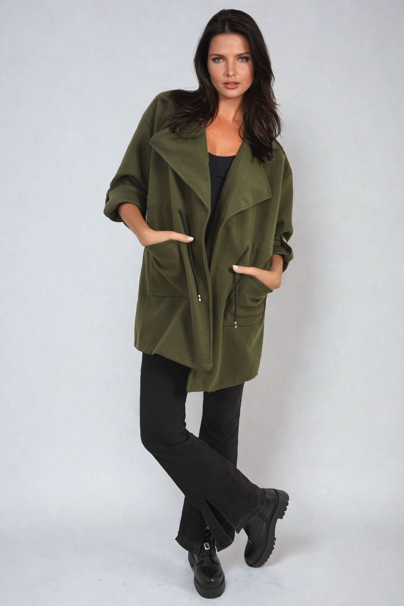 Women's Roll Tab Sleeve Drawstring Waist Open Front Trench Coat Jacket