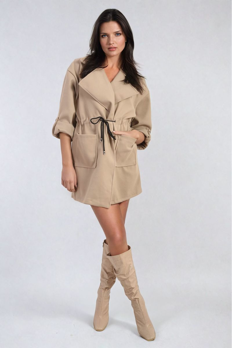 Women's Roll Tab Sleeve Drawstring Waist Open Front Trench Coat Jacket