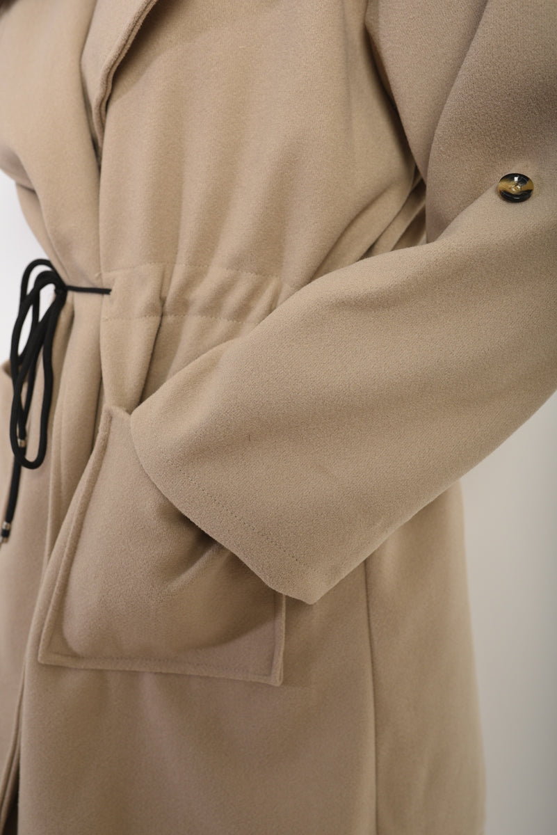 Women's Roll Tab Sleeve Drawstring Waist Open Front Trench Coat Jacket