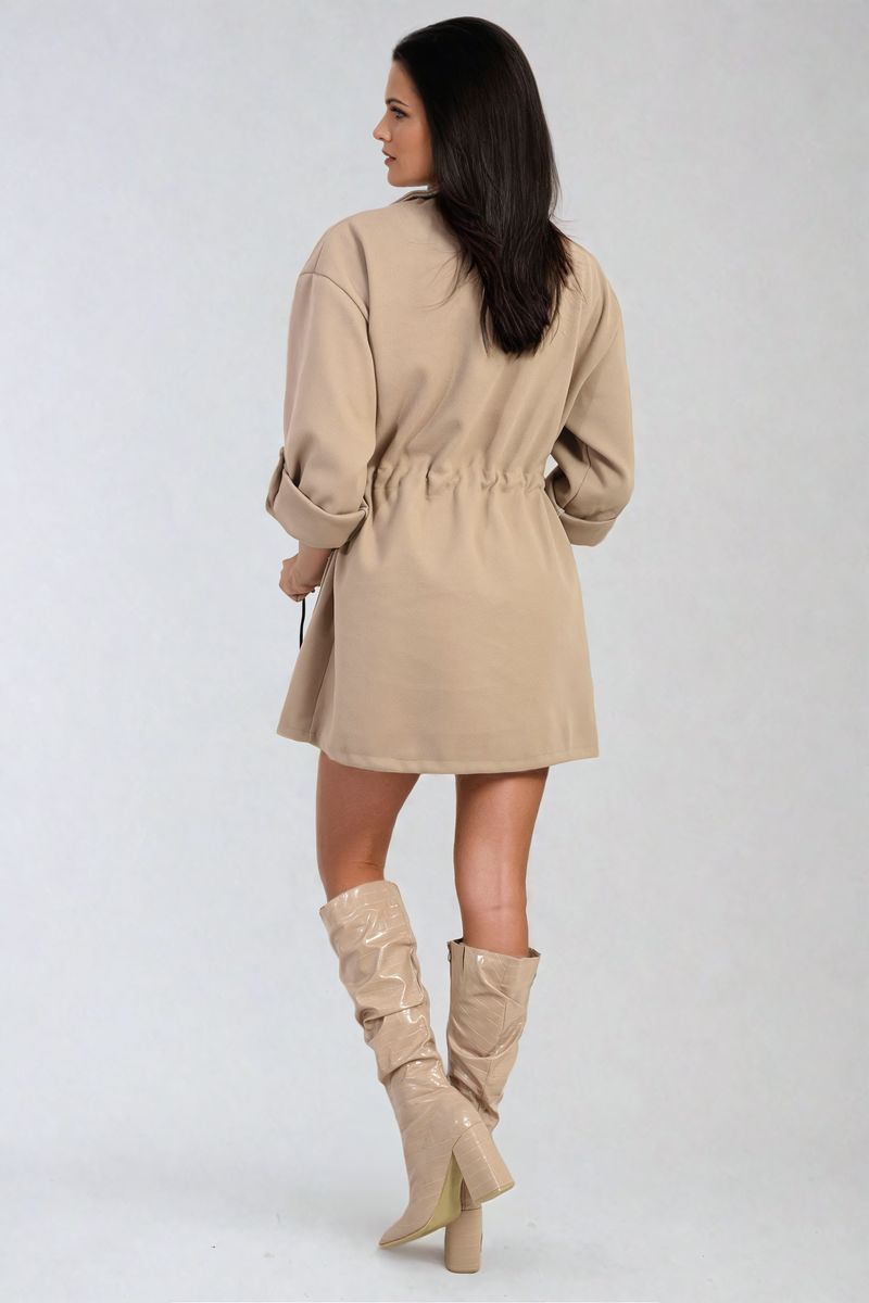 Women's Roll Tab Sleeve Drawstring Waist Open Front Trench Coat Jacket