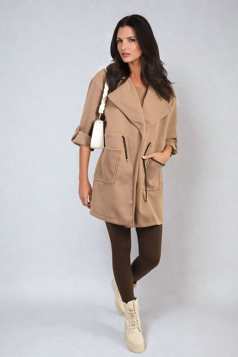 Women's Roll Tab Sleeve Drawstring Waist Open Front Trench Coat Jacket