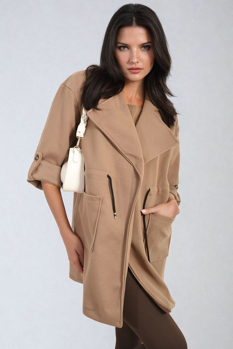 Women's Roll Tab Sleeve Drawstring Waist Open Front Trench Coat Jacket