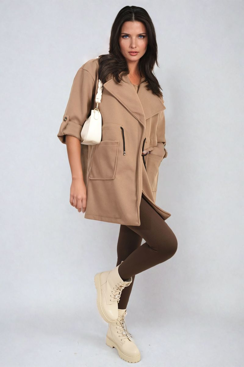 Women's Roll Tab Sleeve Drawstring Waist Open Front Trench Coat Jacket