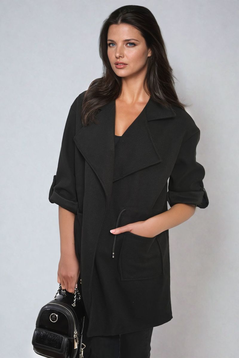 Women's Roll Tab Sleeve Drawstring Waist Open Front Trench Coat Jacket