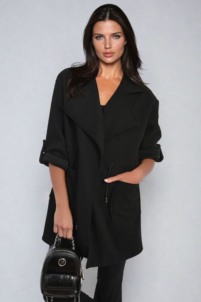 Women's Roll Tab Sleeve Drawstring Waist Open Front Trench Coat Jacket