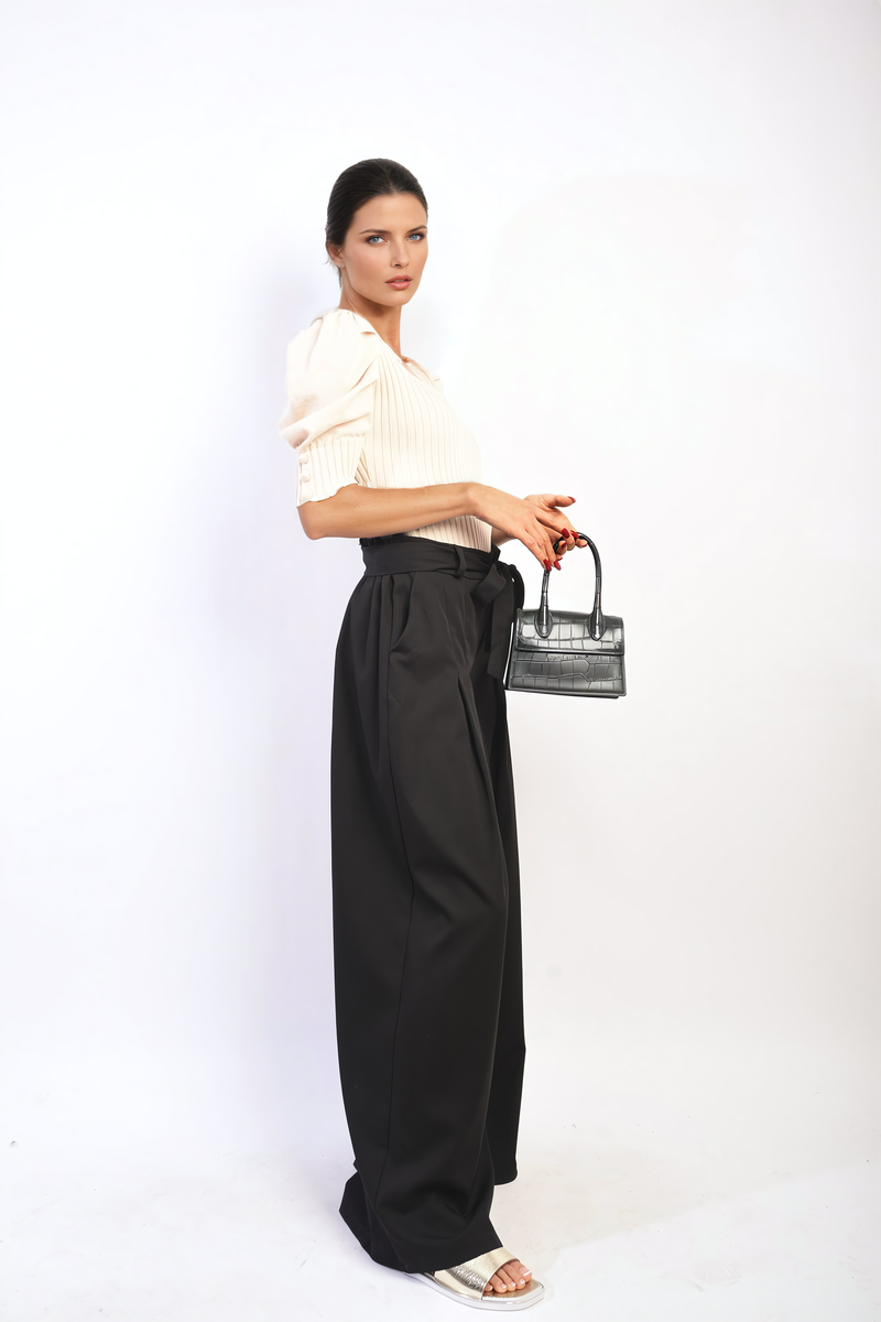 Women's High Waist Belted Wide Leg Trouser