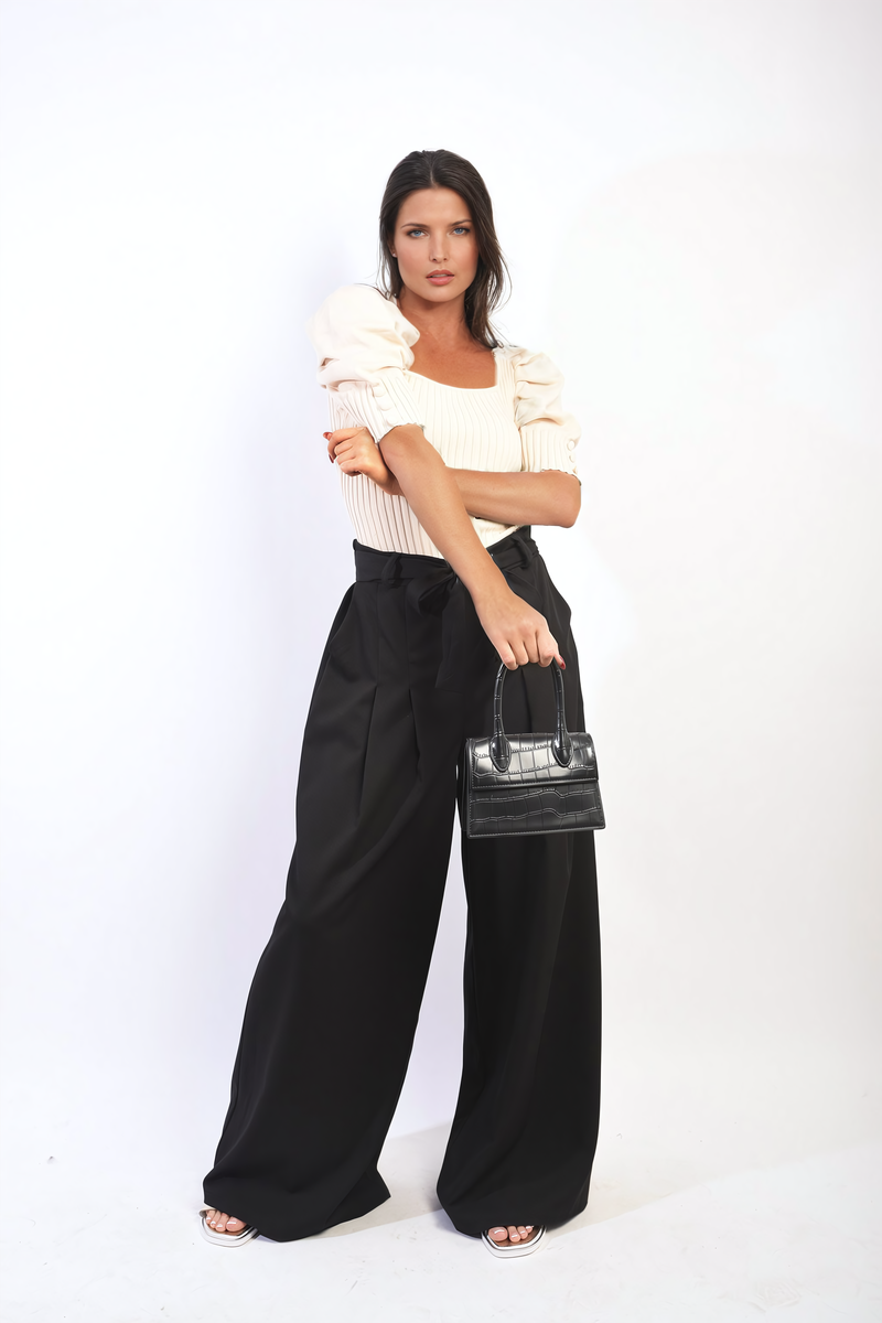 Women's High Waist Belted Wide Leg Trouser