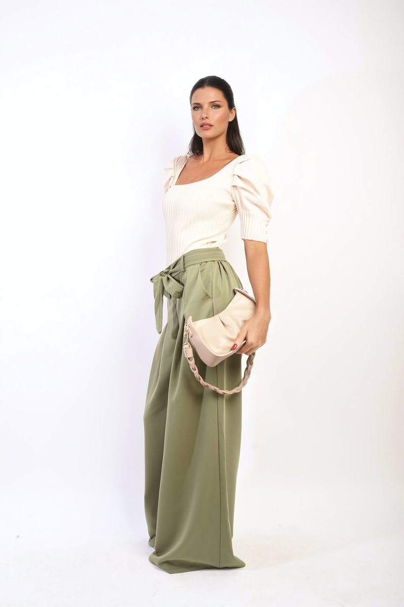 Women's High Waist Belted Wide Leg Trouser