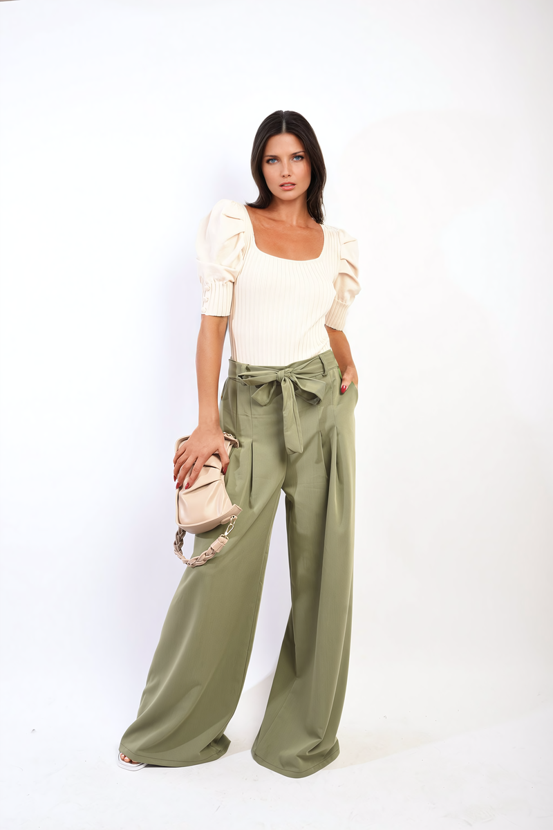 Women's High Waist Belted Wide Leg Trouser