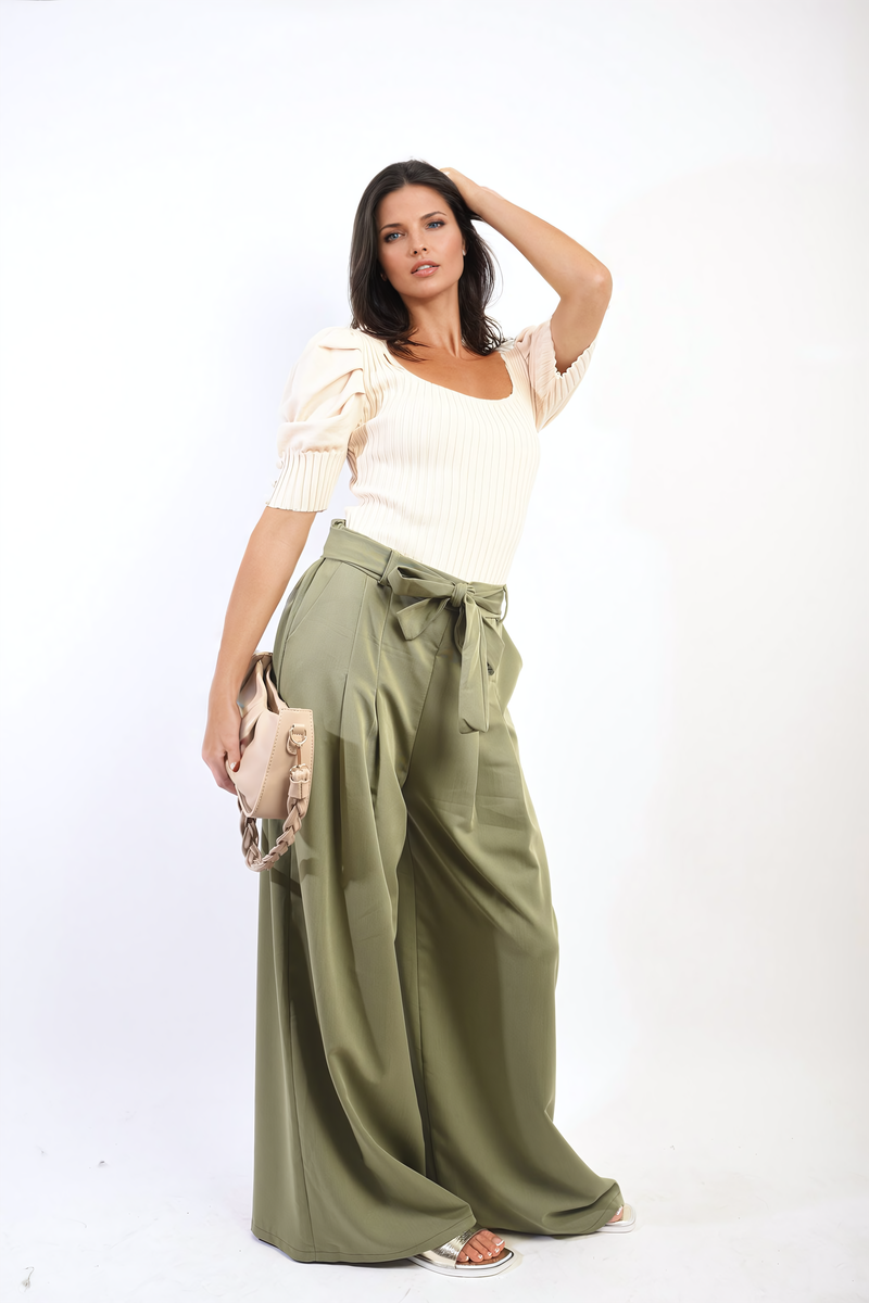 Women's High Waist Belted Wide Leg Trouser