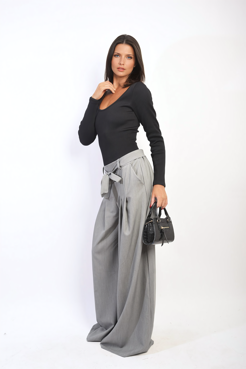 Women's High Waist Belted Wide Leg Trouser