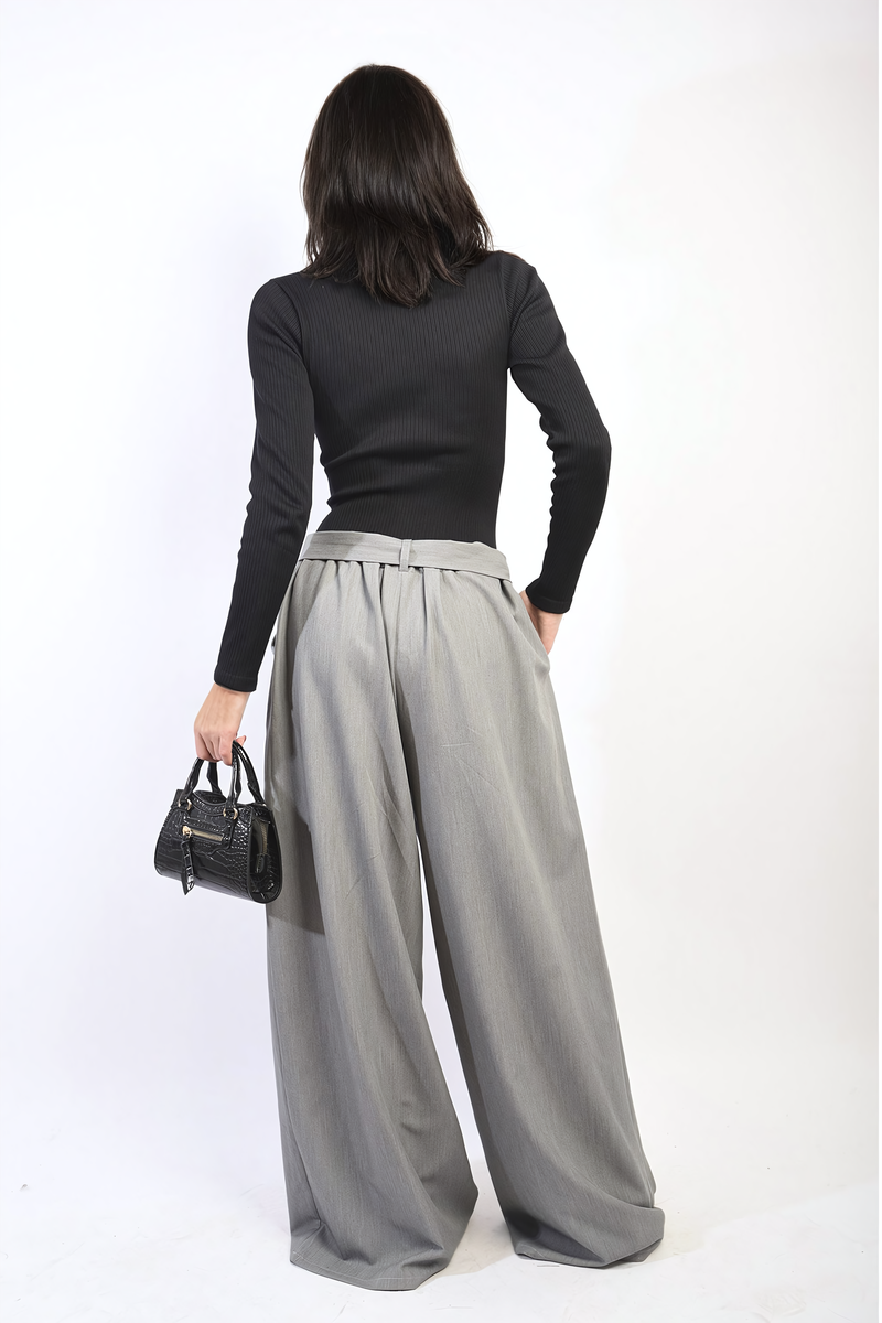 Women's High Waist Belted Wide Leg Trouser