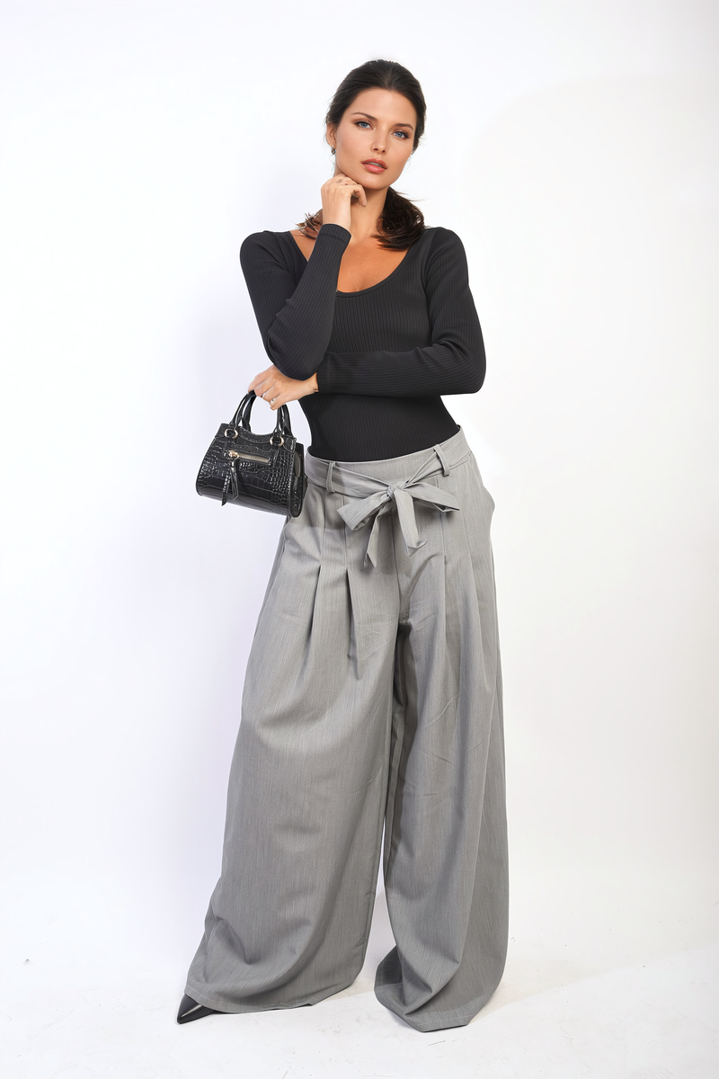 Women's High Waist Belted Wide Leg Trouser