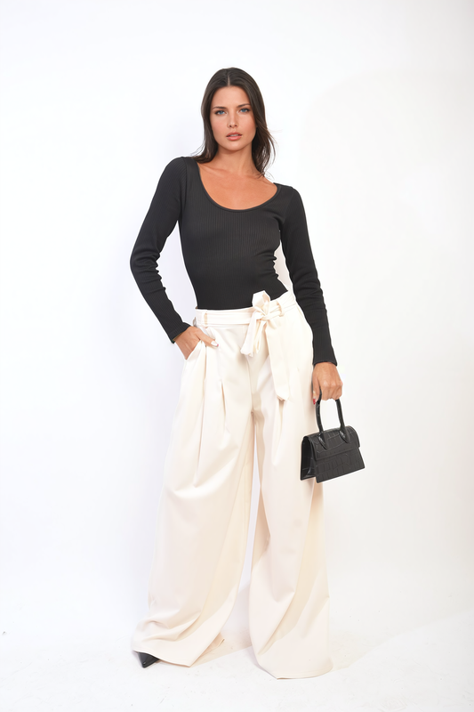 Women's High Waist Belted Wide Leg Trouser