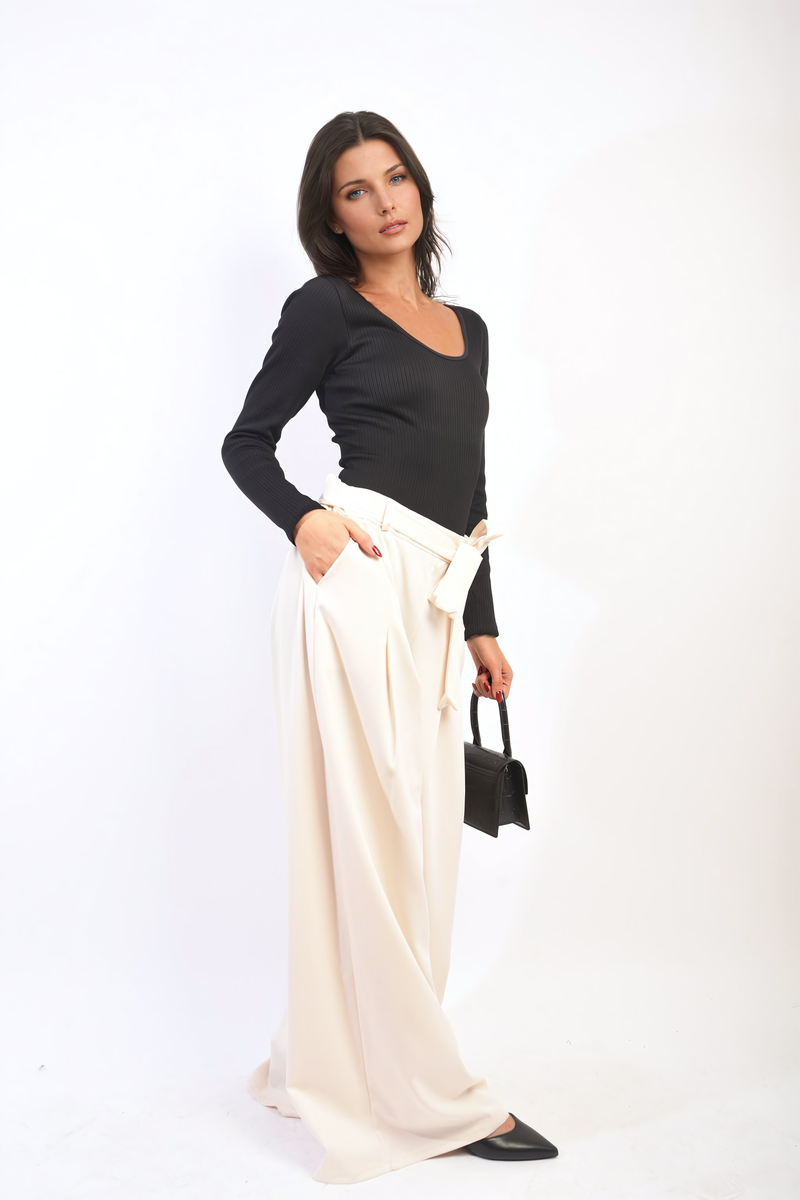 Women's High Waist Belted Wide Leg Trouser