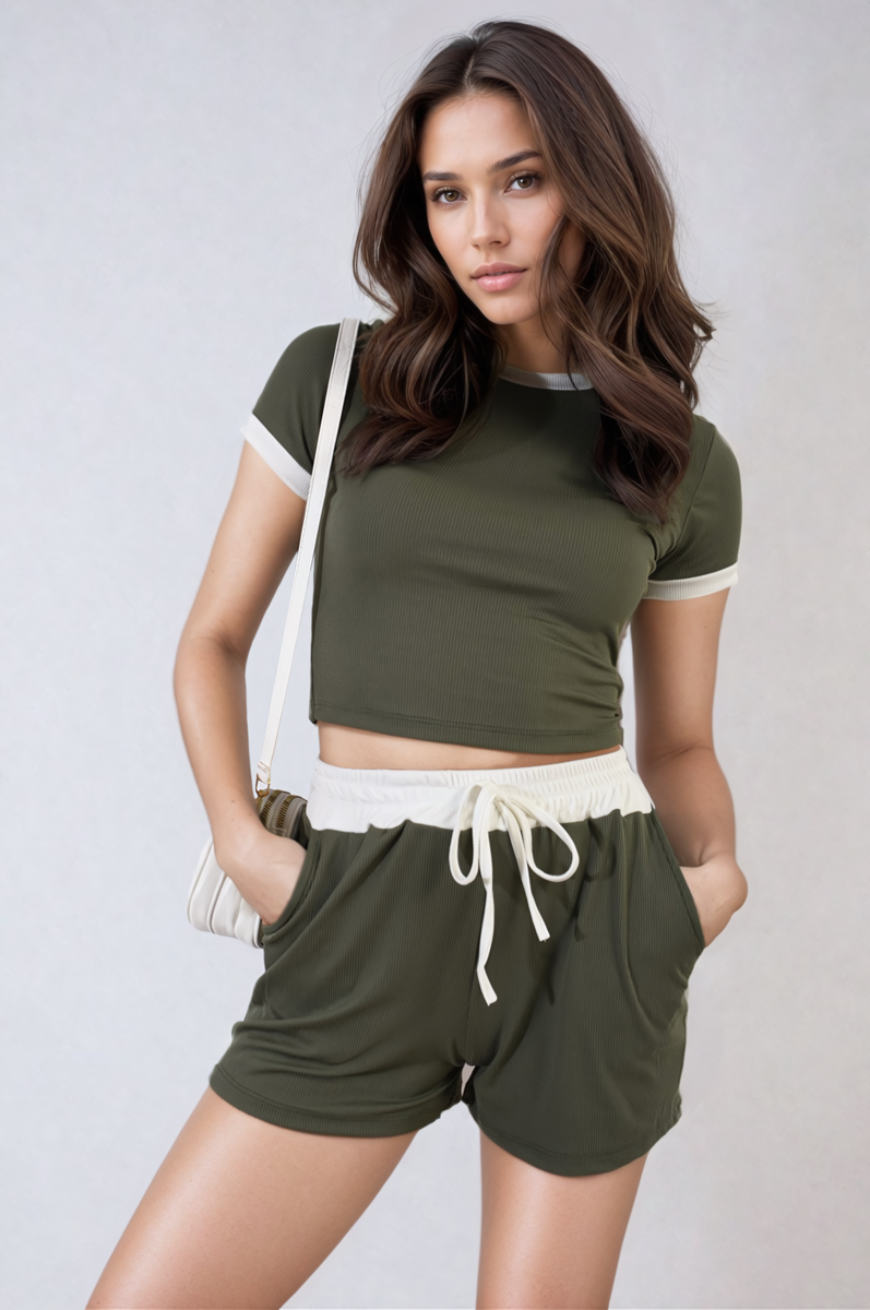 Women's Contrast Rib Knit Crop Top and Drawstring Waist Short Set