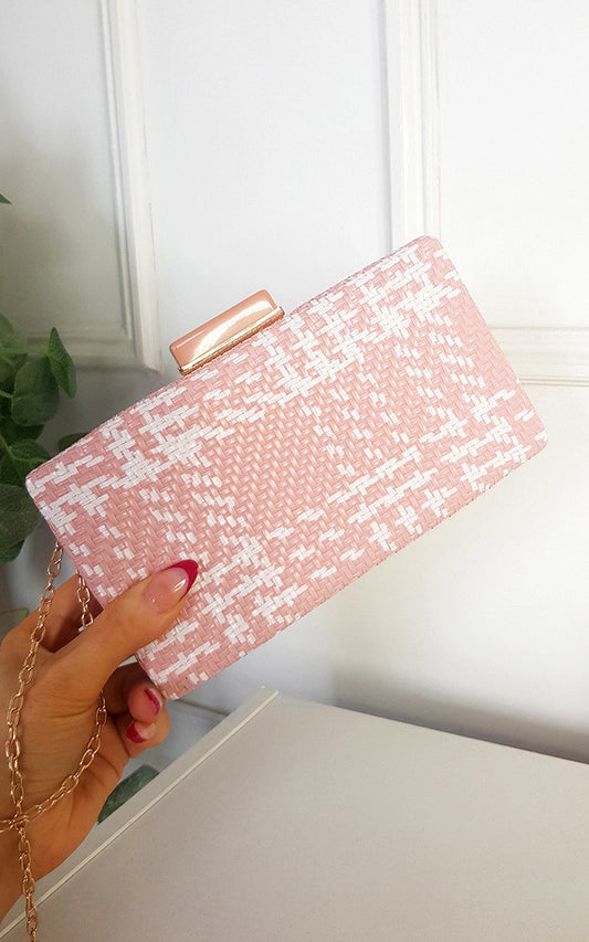 Woven Box Clutch with Long Strap Detail