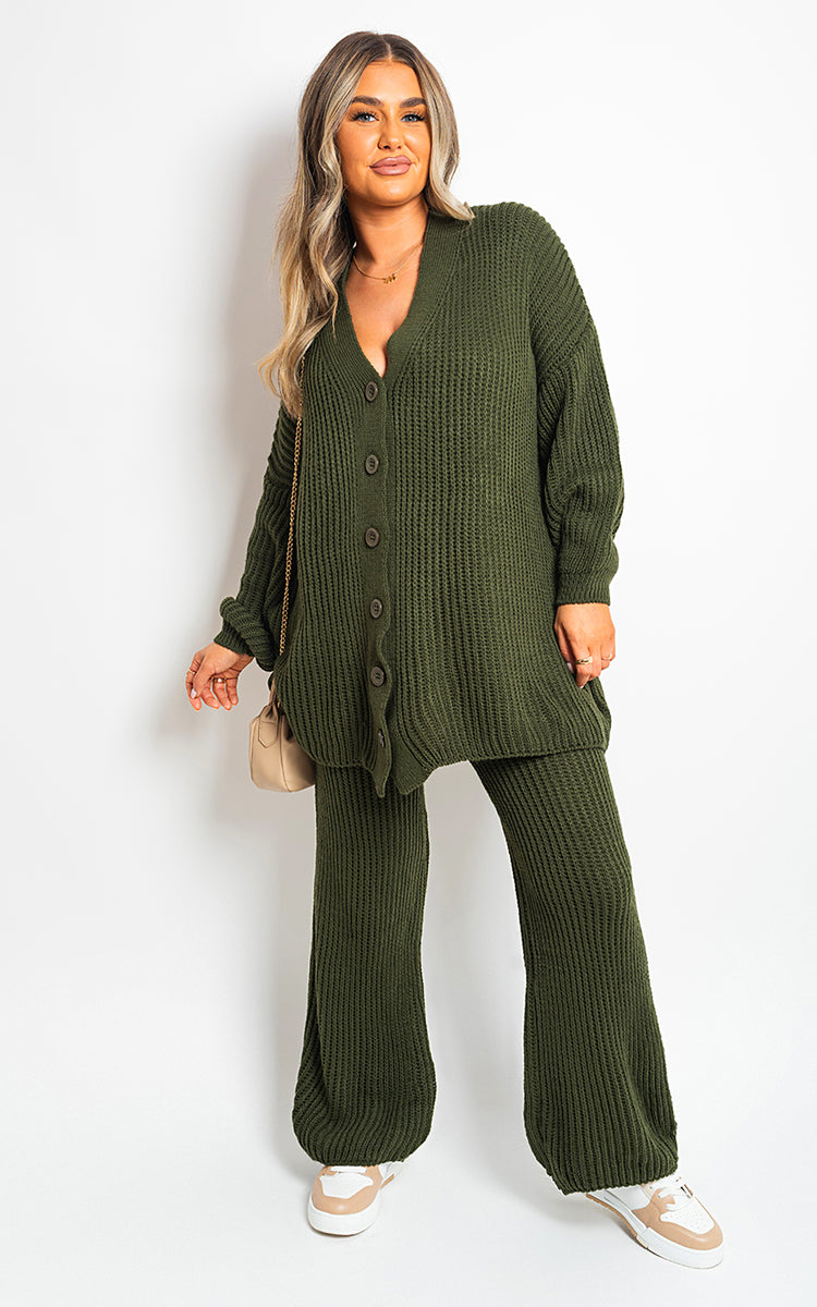 Women's Chunky Knitted Button Up Cardigan Wide Leg Trousers Co-ord Set