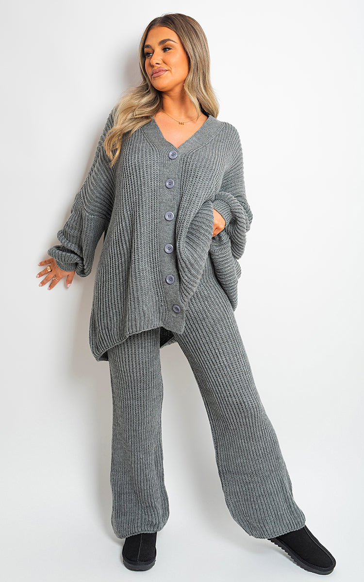 Women's Chunky Knitted Button Up Cardigan Wide Leg Trousers Co-ord Set