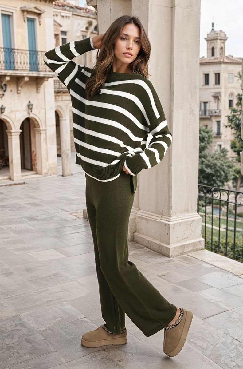 Women's Knitted Striped Long Sleeve Top and  Pants Co-ord Set