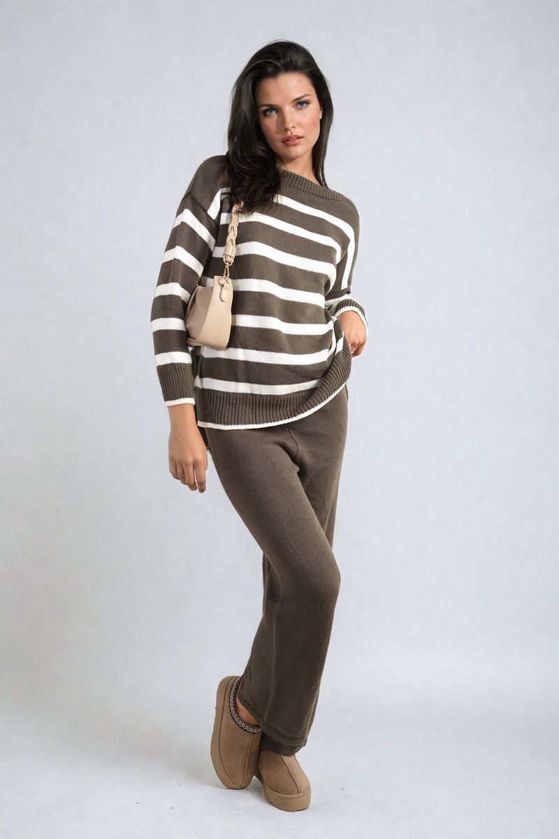 Women's Knitted Striped Long Sleeve Top and  Pants Co-ord Set