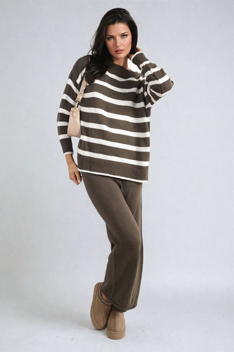 Women's Knitted Striped Long Sleeve Top and  Pants Co-ord Set