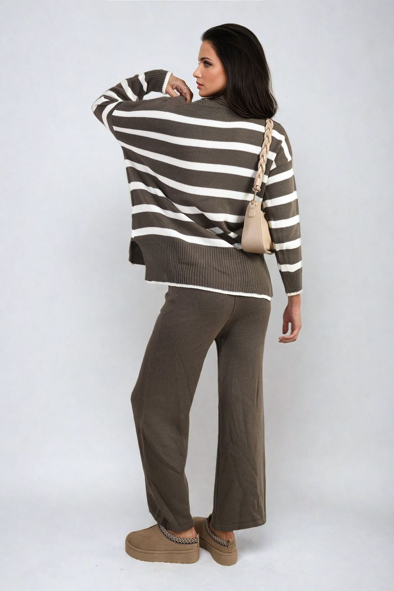 Women's Knitted Striped Long Sleeve Top and  Pants Co-ord Set