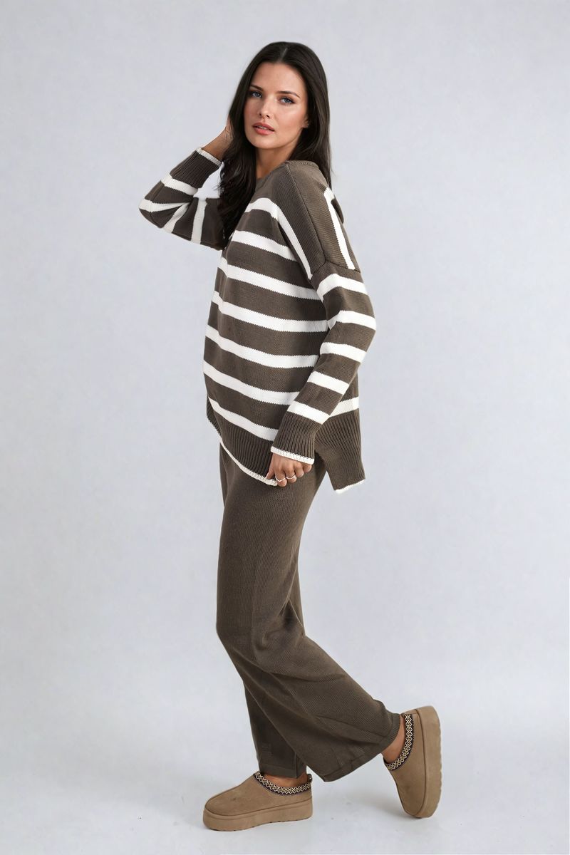 Women's Knitted Striped Long Sleeve Top and  Pants Co-ord Set