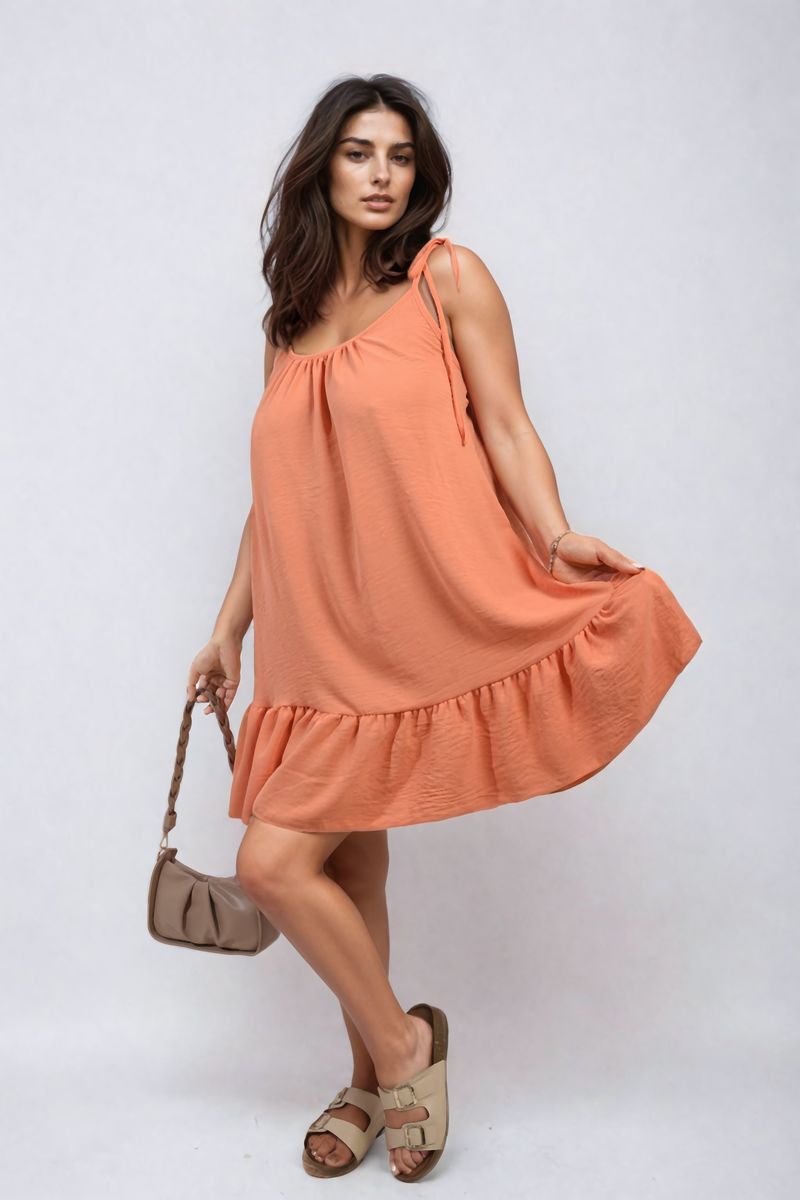 Women's Backless Tie-up Spaghetti Strap Frill Hem Mini Dress