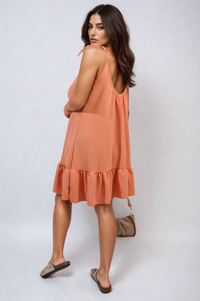 Women's Backless Tie-up Spaghetti Strap Frill Hem Mini Dress