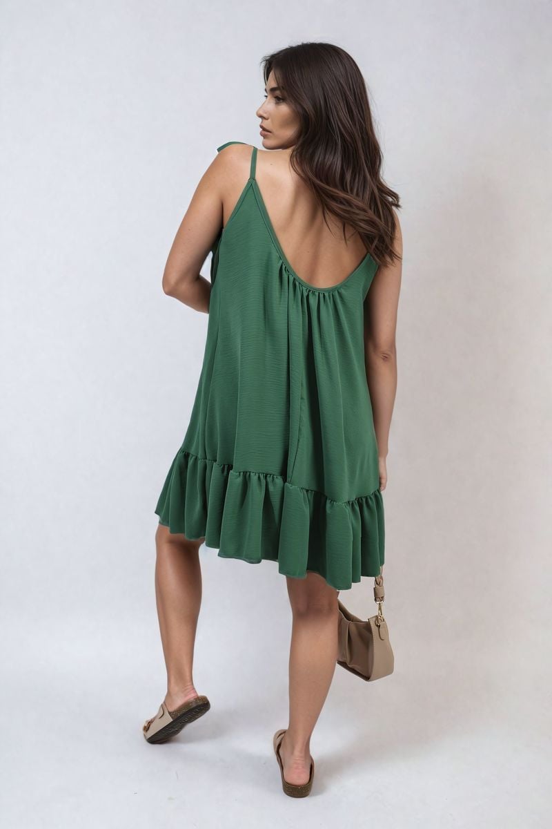 Women's Backless Tie-up Spaghetti Strap Frill Hem Mini Dress