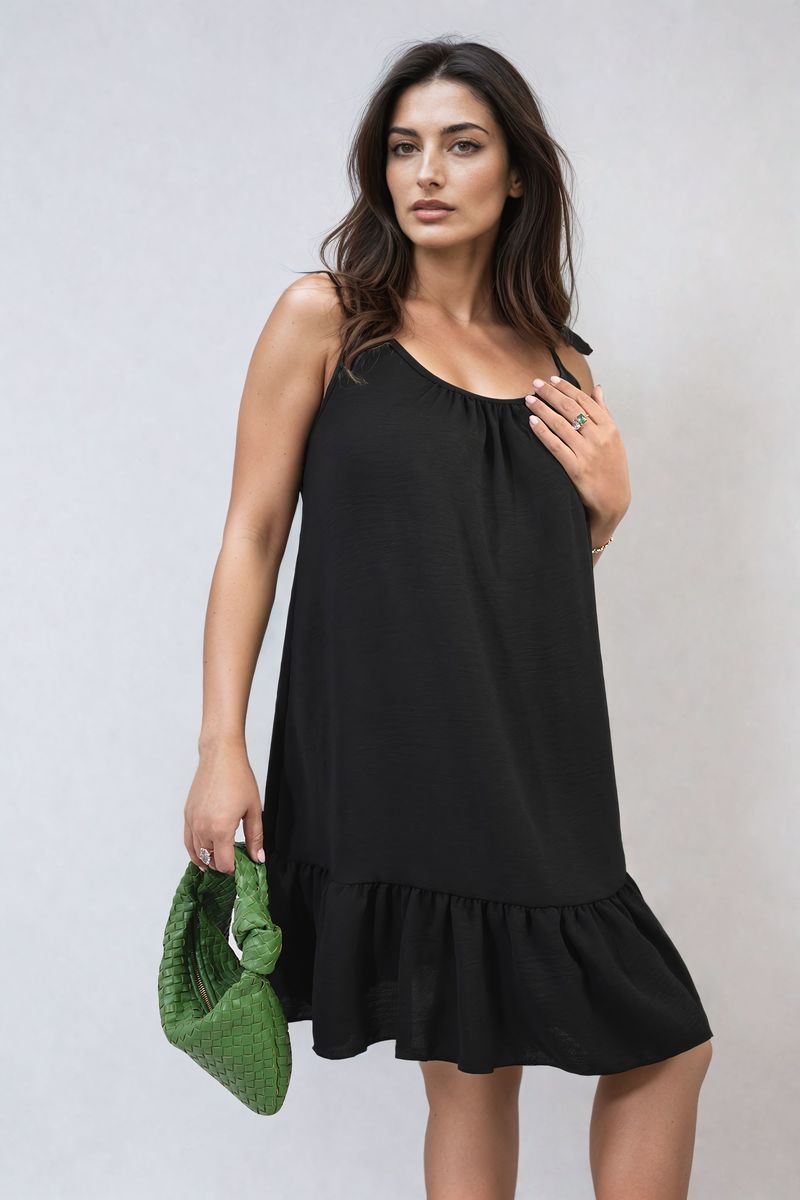 Women's Backless Tie-up Spaghetti Strap Frill Hem Mini Dress