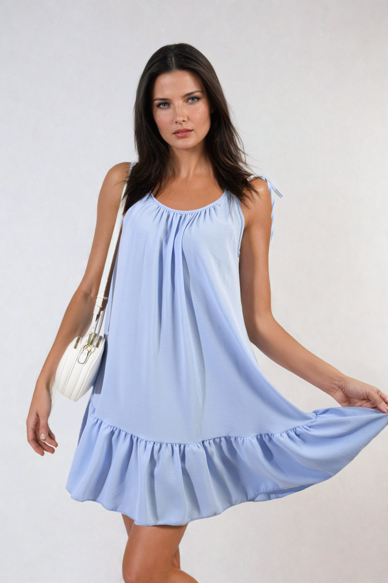 Women's Backless Tie-up Spaghetti Strap Frill Hem Mini Dress