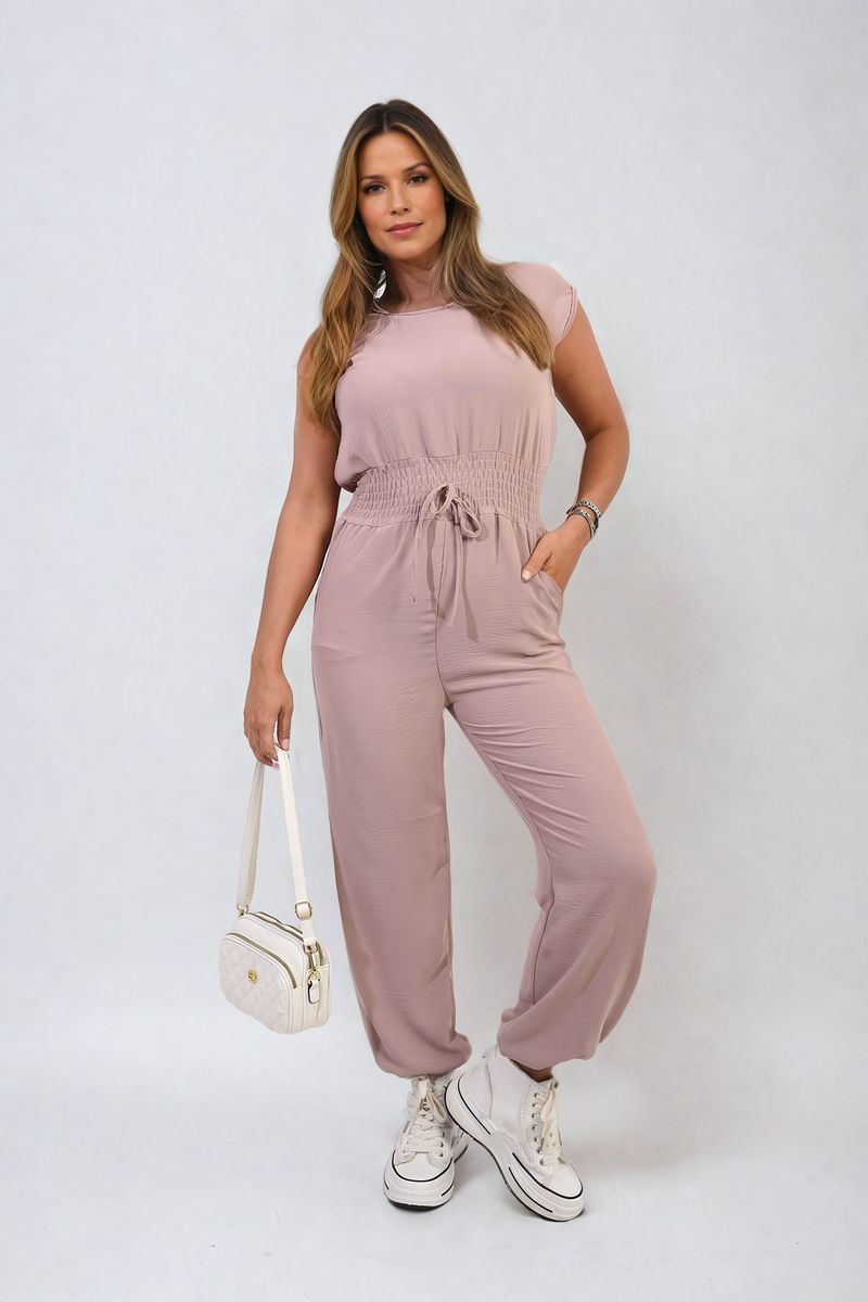 Women's Short Sleeve Cinched Waist Jumpsuit