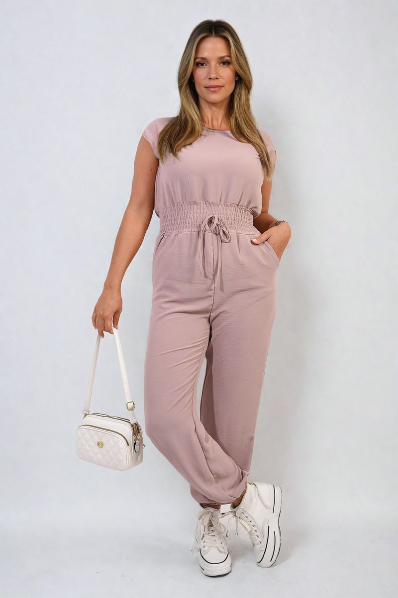 Women's Short Sleeve Cinched Waist Jumpsuit