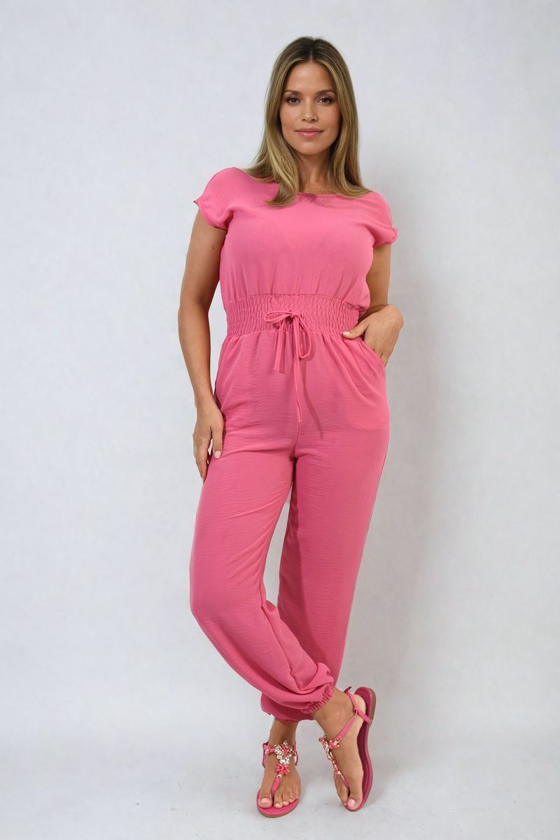 Women's Short Sleeve Cinched Waist Jumpsuit