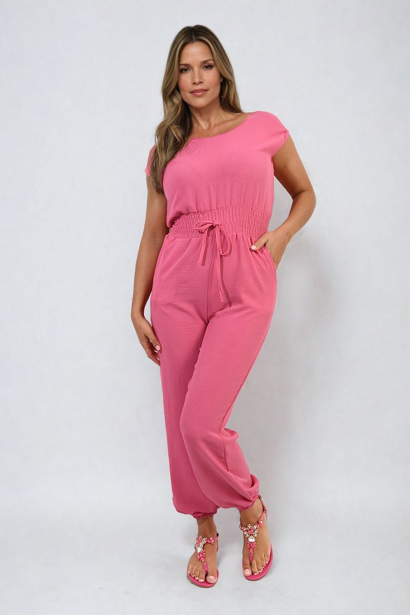 Women's Short Sleeve Cinched Waist Jumpsuit