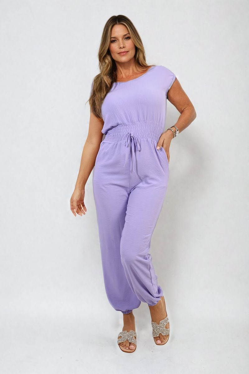 Women's Short Sleeve Cinched Waist Jumpsuit