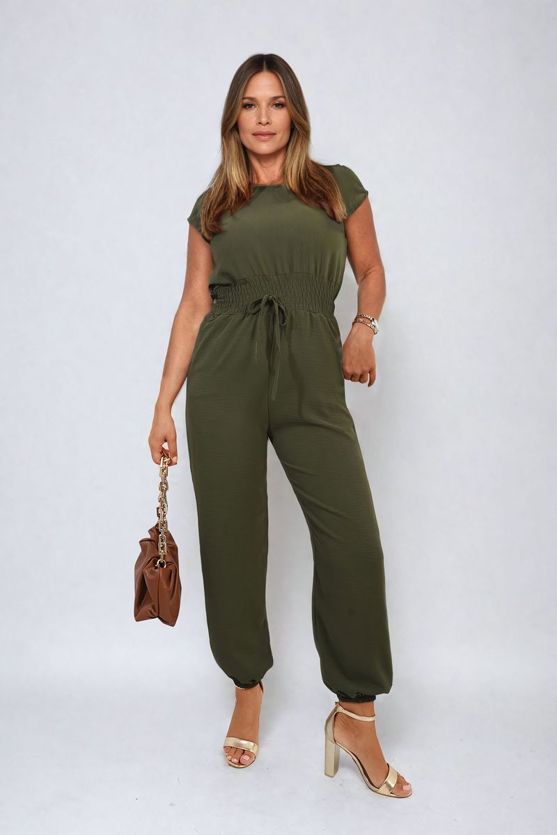 Women's Short Sleeve Cinched Waist Jumpsuit