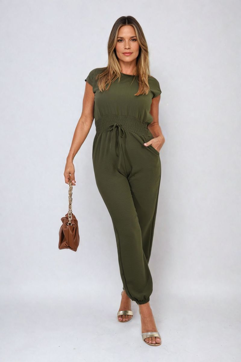 Women's Short Sleeve Cinched Waist Jumpsuit